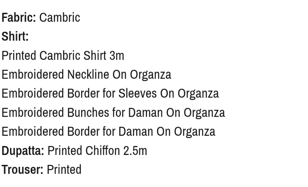 Cambric | Embroidered Organza Patches | Unstitched| 03 Pc | Edenrobe