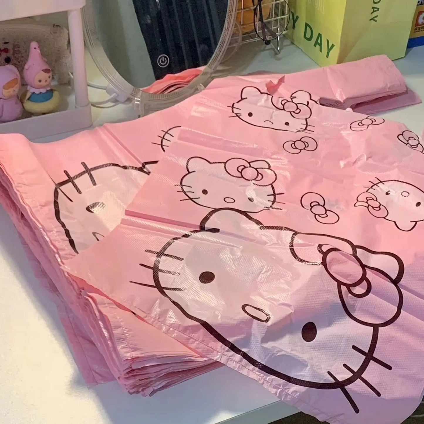 Vest Bag Plastic Bag Pink Tote Bag Storage Bag Garbage Bag Household Cute Cartoon KT Cat Pattern Portable Garbage Bag
