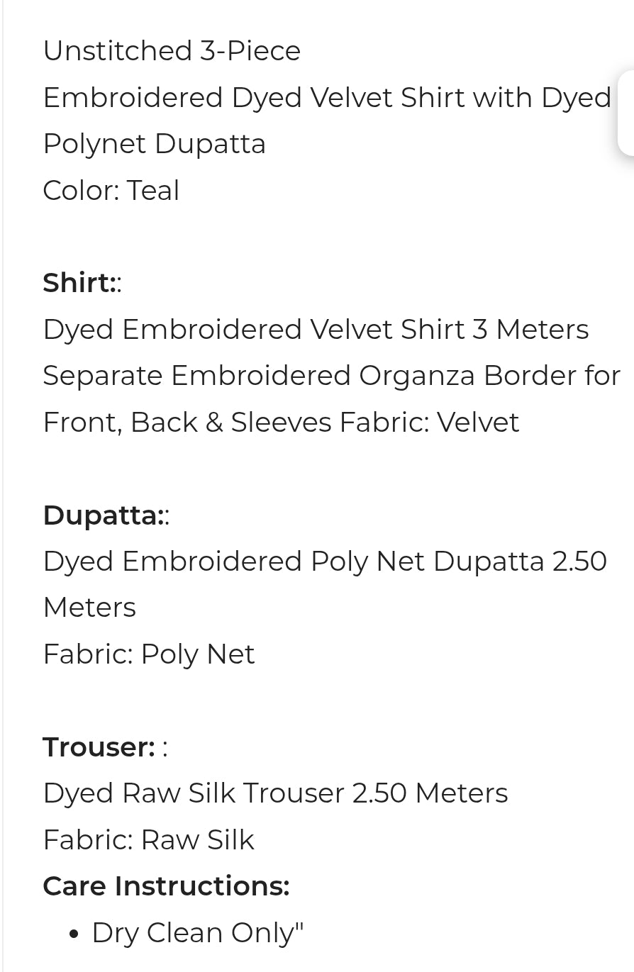 Velvet | Embroidered | Unstitched| 03 Pc | Alkaram