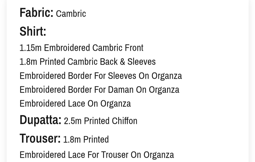 Cambric| Unstitched| Embroidered |03 Pc
